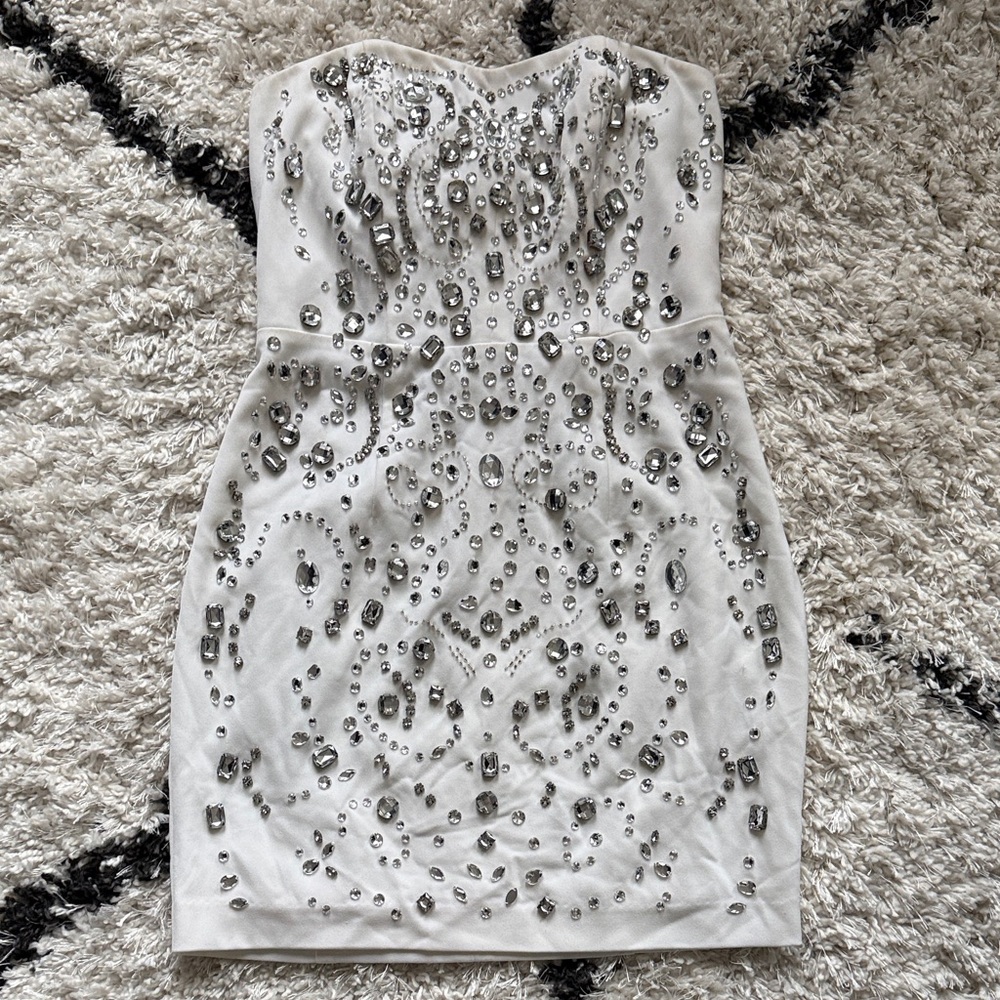 Express Strapless White Dress with Silver Embellishments
